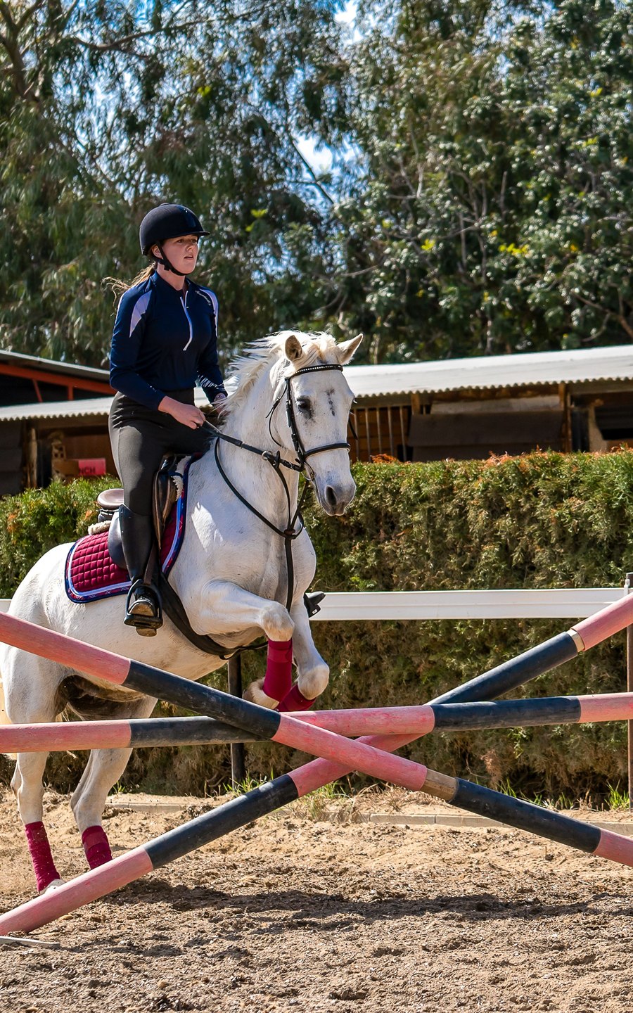 Young rider jumping a grey pony at a competition